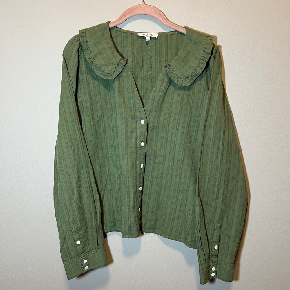 Madewell Ruffle Collar Button Front Top Green Women's 14 Long Sleeve